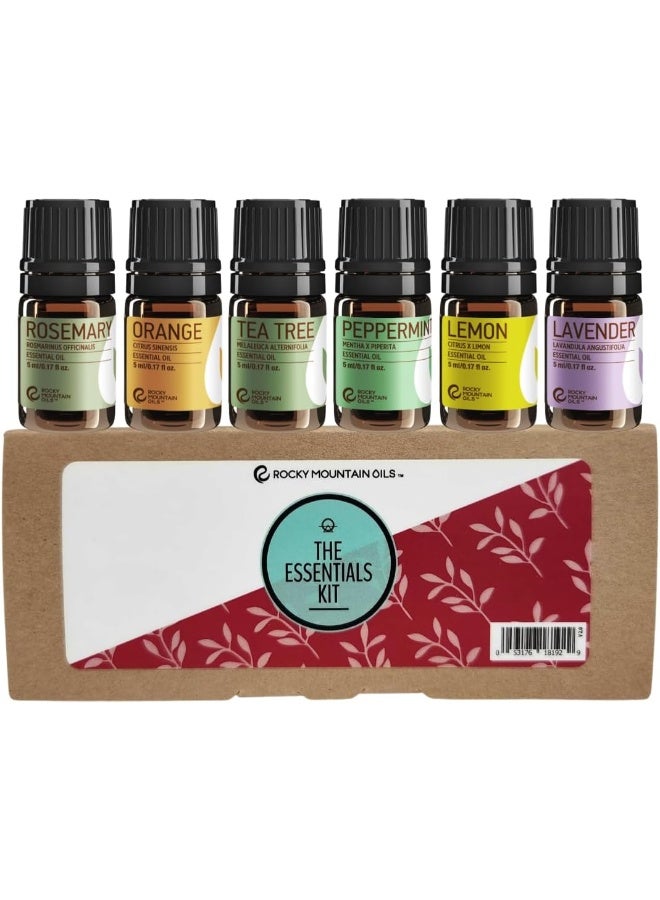 Rocky Mountain Oils - The Essentials Kit - Includes 100% Pure Lavender, Lemon, Orange, Peppermint, Tea Tree, and Rosemary Essential Oils - 5 ml Bottles - Image 1