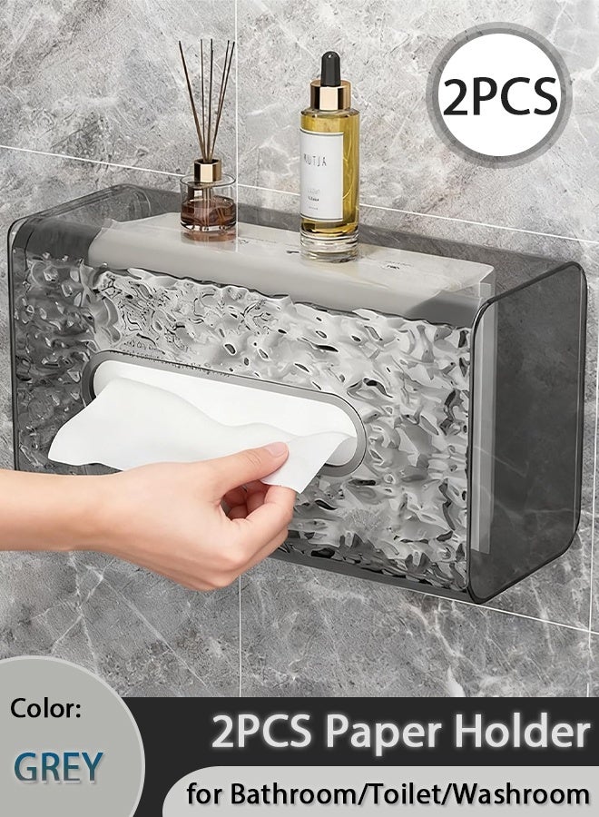 2PCS Wall Mounted Tissue Holder Perforation-Free Plastic Tissue Box Wall Mount Paper Towel Dispenser for Kitchen, Bathroom, Toilet, Home, Office (Grey Ripple) - Image 1