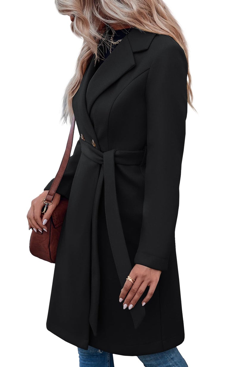 Fazortev Womens Pea Trench Coats Notched Lapel Double Breasted Belted Business Casual Jackets Outerwear - Image 4