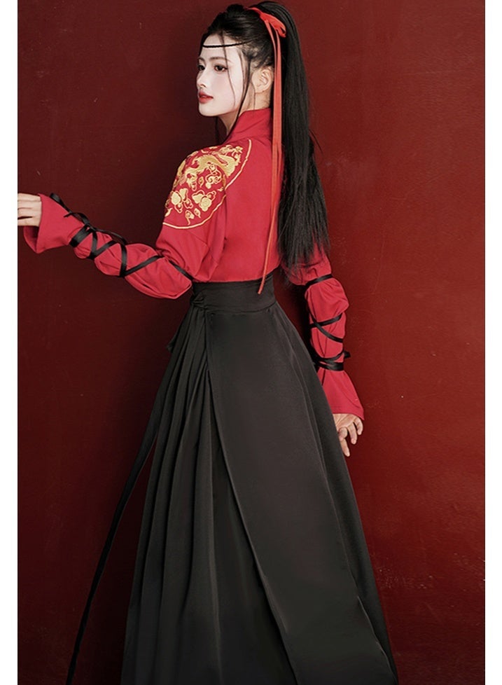 liannaner Women's Traditional Chinese Hanfu Costume, Red & Black | Gold Embroidery, Long Sleeve Top, Wrap Front Design, Maxi Skirt Included, Cosplay & Dance Wear - Image 5