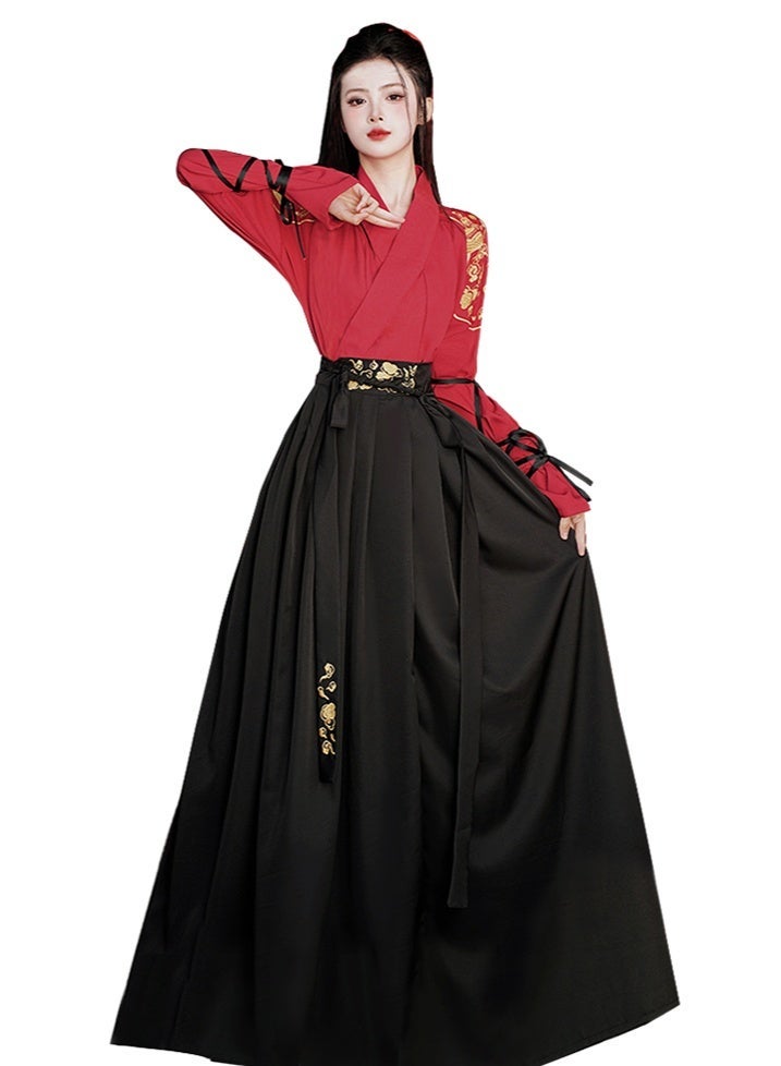 liannaner Women's Traditional Chinese Hanfu Costume, Red & Black | Gold Embroidery, Long Sleeve Top, Wrap Front Design, Maxi Skirt Included, Cosplay & Dance Wear - Image 1