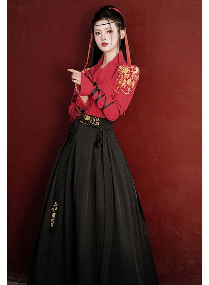 liannaner Women's Traditional Chinese Hanfu Costume, Red & Black | Gold Embroidery, Long Sleeve Top, Wrap Front Design, Maxi Skirt Included, Cosplay & Dance Wear - Image 2