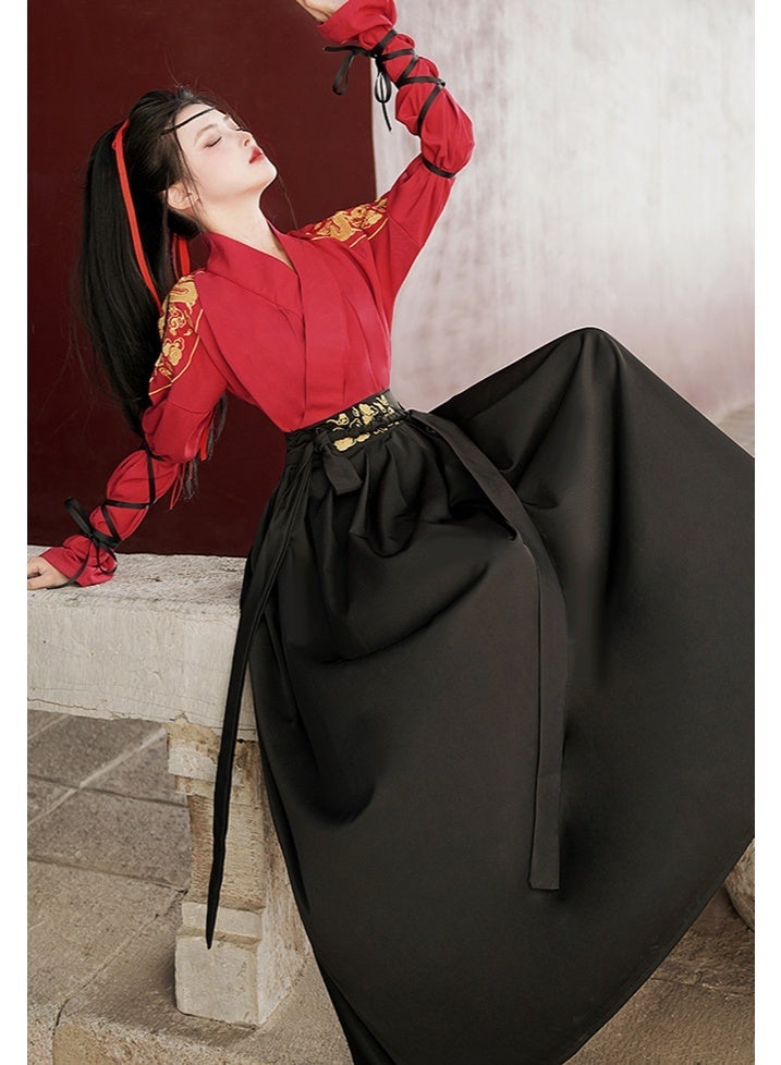 liannaner Women's Traditional Chinese Hanfu Costume, Red & Black | Gold Embroidery, Long Sleeve Top, Wrap Front Design, Maxi Skirt Included, Cosplay & Dance Wear - Image 4