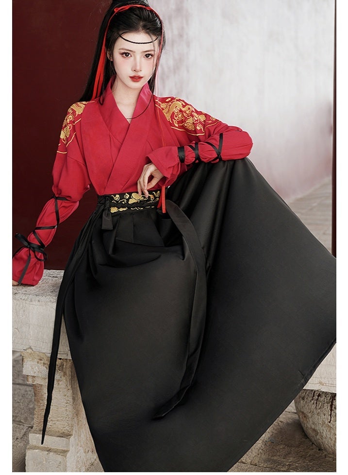 liannaner Women's Traditional Chinese Hanfu Costume, Red & Black | Gold Embroidery, Long Sleeve Top, Wrap Front Design, Maxi Skirt Included, Cosplay & Dance Wear - Image 3