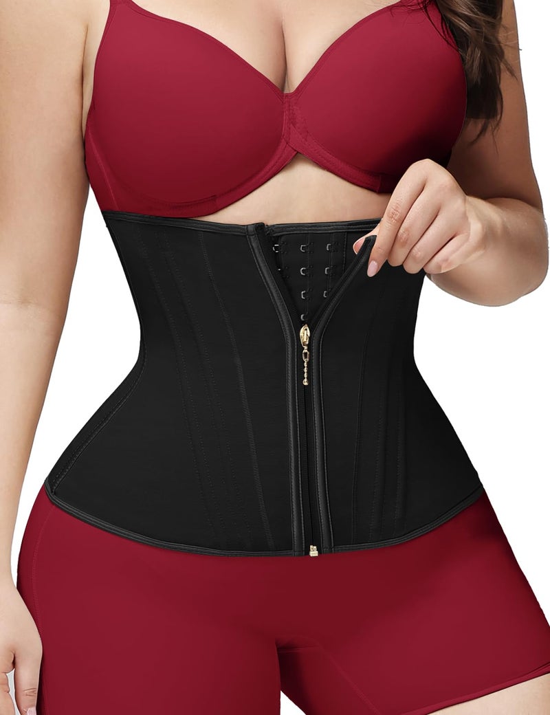 SHAPSHE Waist Trainer for Women Tummy Control Corset Hourglass Body Shaper Waist Cincher Back Support Wrap Belt with Zipper Hook Black