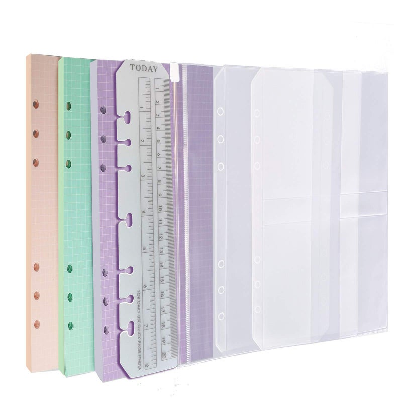 Chris.W A5 Refills - 3 Pack 40 Sheets Colorful Grid Binder Paper, 3 Pcs Binder Pockets, 1 Page Marker - 6 Hole Notebook Inserts for A5 Binder Notebook Planner - Image 1