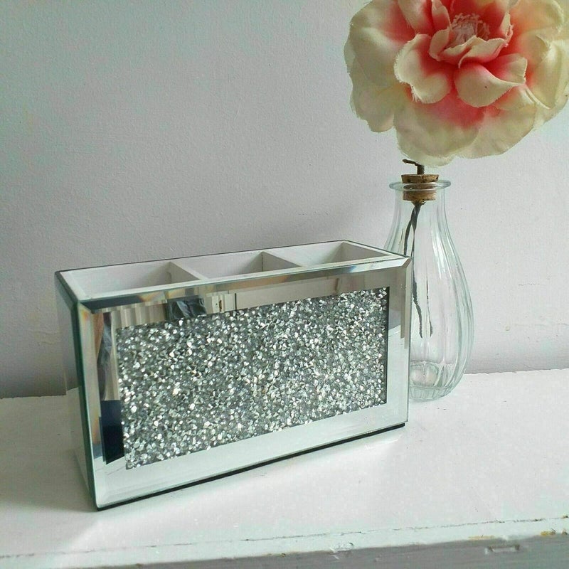 Makeup Brush Holder Organiser Crushed Diamond Jewel Mirror Beauty box Makeup Brush Cup Container Storage Case 3 Compartments Make up Brushes Holder White