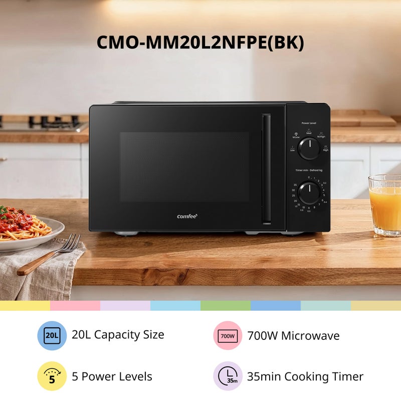 COMFEE' 20L Compact Black Microwave Oven, 700W Solo Manual Countertop Microwave with 5 Power Levels, Quick Defrost, Easy Clean, Dial Timer, Ideal for Small Kitchens - CMO-MM20L2NFPF(BK) - Image 2