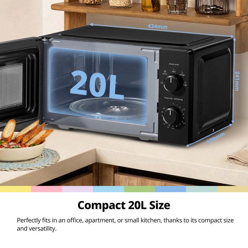 COMFEE' 20L Compact Black Microwave Oven, 700W Solo Manual Countertop Microwave with 5 Power Levels, Quick Defrost, Easy Clean, Dial Timer, Ideal for Small Kitchens - CMO-MM20L2NFPF(BK) - Image 3