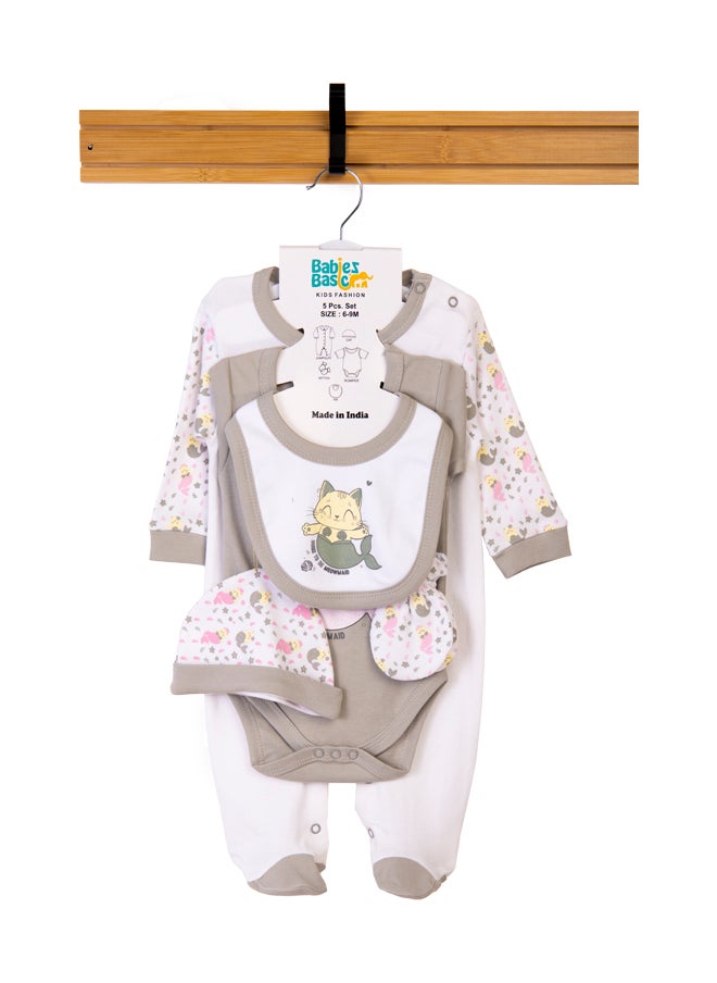Babies Basic 5 Piece Unisex 100% Cotton Gift Set Include Bib, Romper, Mittens, Cap And Sleepsuit/Jumpsuit- Meowmaid  - Image 1