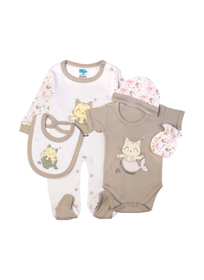 Babies Basic 5 Piece Unisex 100% Cotton Gift Set Include Bib, Romper, Mittens, Cap And Sleepsuit/Jumpsuit- Meowmaid  - Image 2
