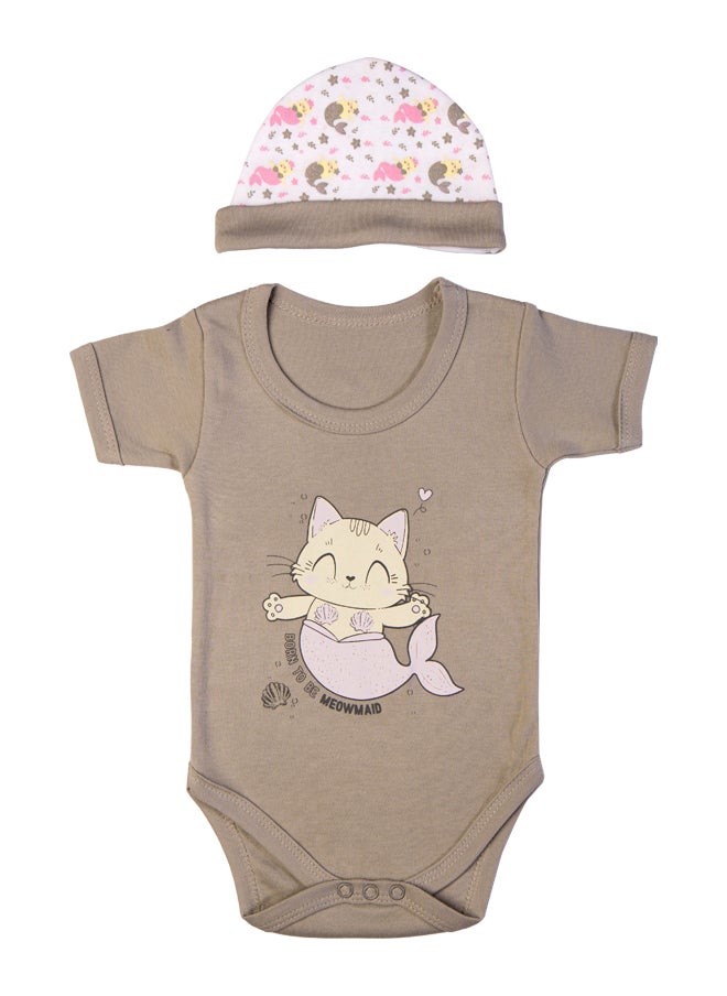 Babies Basic 5 Piece Unisex 100% Cotton Gift Set Include Bib, Romper, Mittens, Cap And Sleepsuit/Jumpsuit- Meowmaid  - Image 4