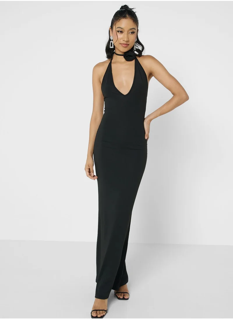 Ginger Crosage Tie Up Halter Neck Maxi Dress
