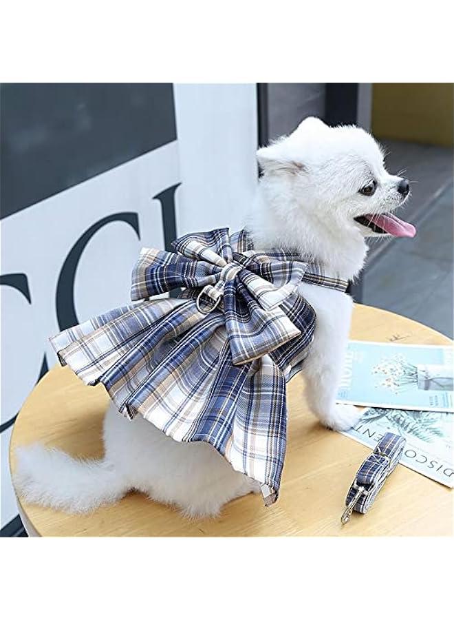 Loquat Plaid puppy dress with bow tie leash for small dogs in navy, cute pet outfit in XS to M size. - Image 3
