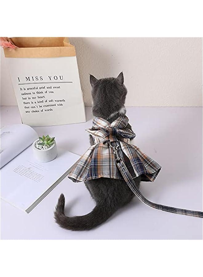 Loquat Plaid puppy dress with bow tie leash for small dogs in navy, cute pet outfit in XS to M size. - Image 2