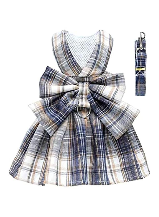 Loquat Plaid puppy dress with bow tie leash for small dogs in navy, cute pet outfit in XS to M size. - Image 1