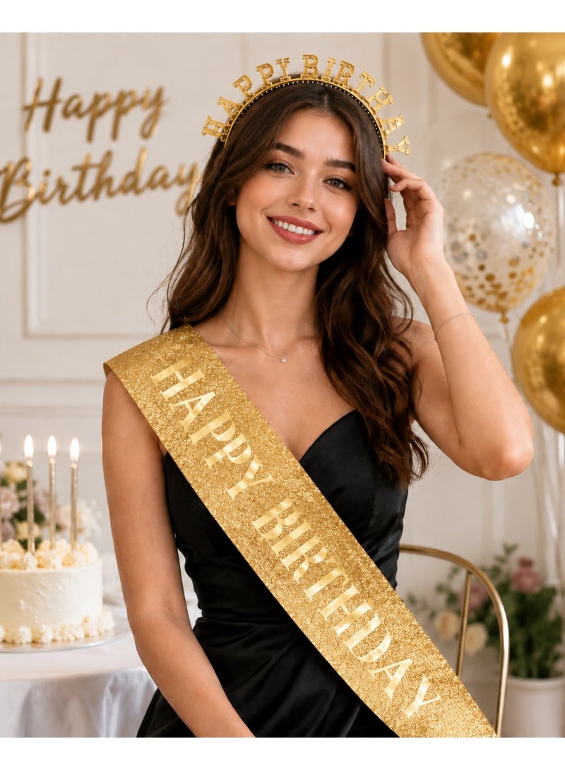 Gold Happy Birthday Party Set for Women & Girls – Glitter Birthday Sash, Happy Birthday Tiara Headband & Safety Pin – Birthday Party Decorations & Photo Props - Image 2