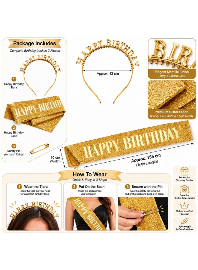 Gold Happy Birthday Party Set for Women & Girls – Glitter Birthday Sash, Happy Birthday Tiara Headband & Safety Pin – Birthday Party Decorations & Photo Props - Image 3