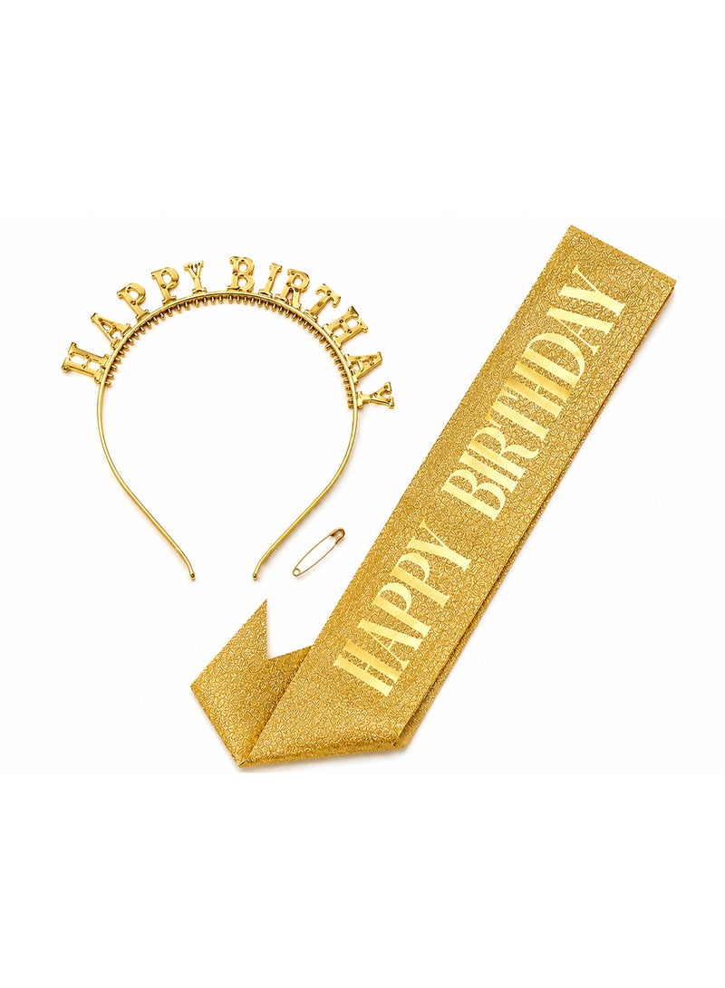 Gold Happy Birthday Party Set for Women & Girls – Glitter Birthday Sash, Happy Birthday Tiara Headband & Safety Pin – Birthday Party Decorations & Photo Props - Image 1
