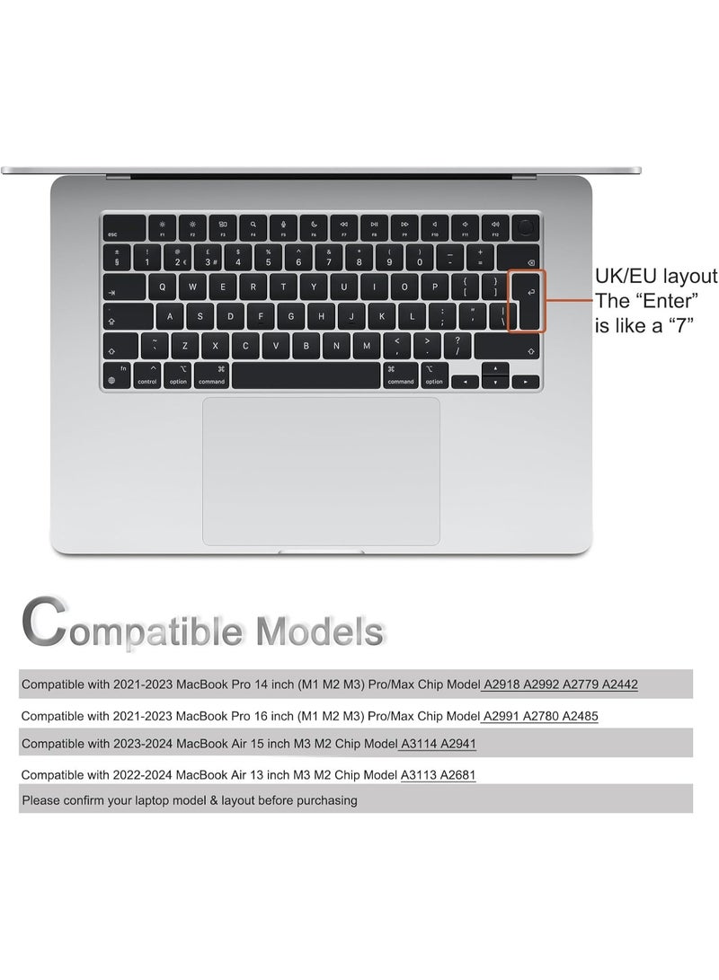 Silicone Keyboard Cover Skin for 2024-2021 MacBook Air 15" 13" M3 M2 (A2941 A2681) & Pro 14" 16" M3 M2 M1(A2991 A2992 A2918 A2779 A2442 A2780 A2485) UK/EU Layout - Image 5