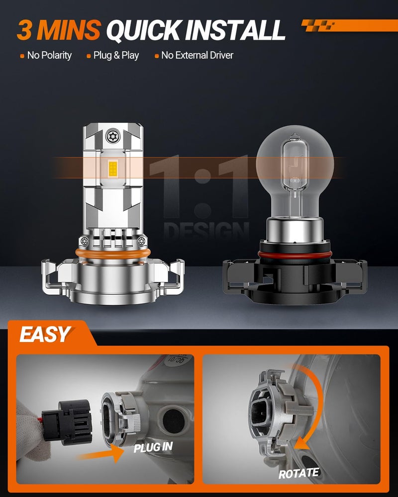 SEALIGHT 2504/5202 LED Fog Light Bulbs, 17000LM 800% Upgrade 5201 5202 PS24W, PSX24W 2504 LED Fog Lights 6500K, Long-Lasting Fog Lights, Clearance Light Marker Ligh, 1:1 Size Compact Design - Image 4