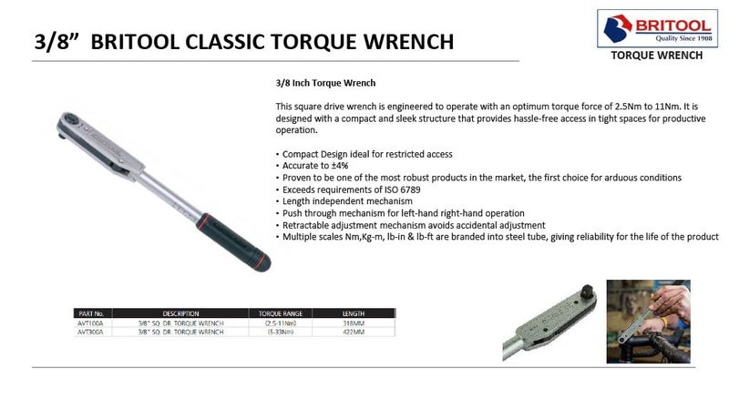 Stanley Stanley BRITOOL AVT300A 38 Inch 533NM SQ DR Torque Wrench Limited life time warranty Fixed Square  - Image 5