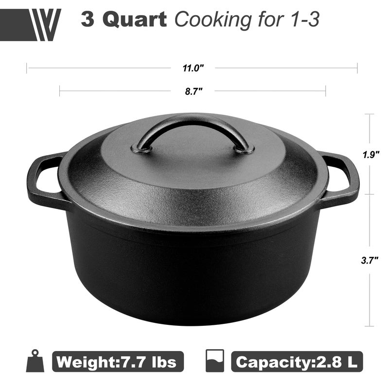 VORRINGARD Pre-Seasoned Cast Iron Dutch Oven with Lid, Round and Dual Handles, for Stovetop, Camping, Grill, Induction, Electric, Black, 3 qt - Image 2