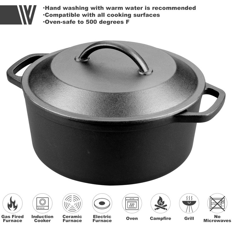 VORRINGARD Pre-Seasoned Cast Iron Dutch Oven with Lid, Round and Dual Handles, for Stovetop, Camping, Grill, Induction, Electric, Black, 3 qt - Image 3