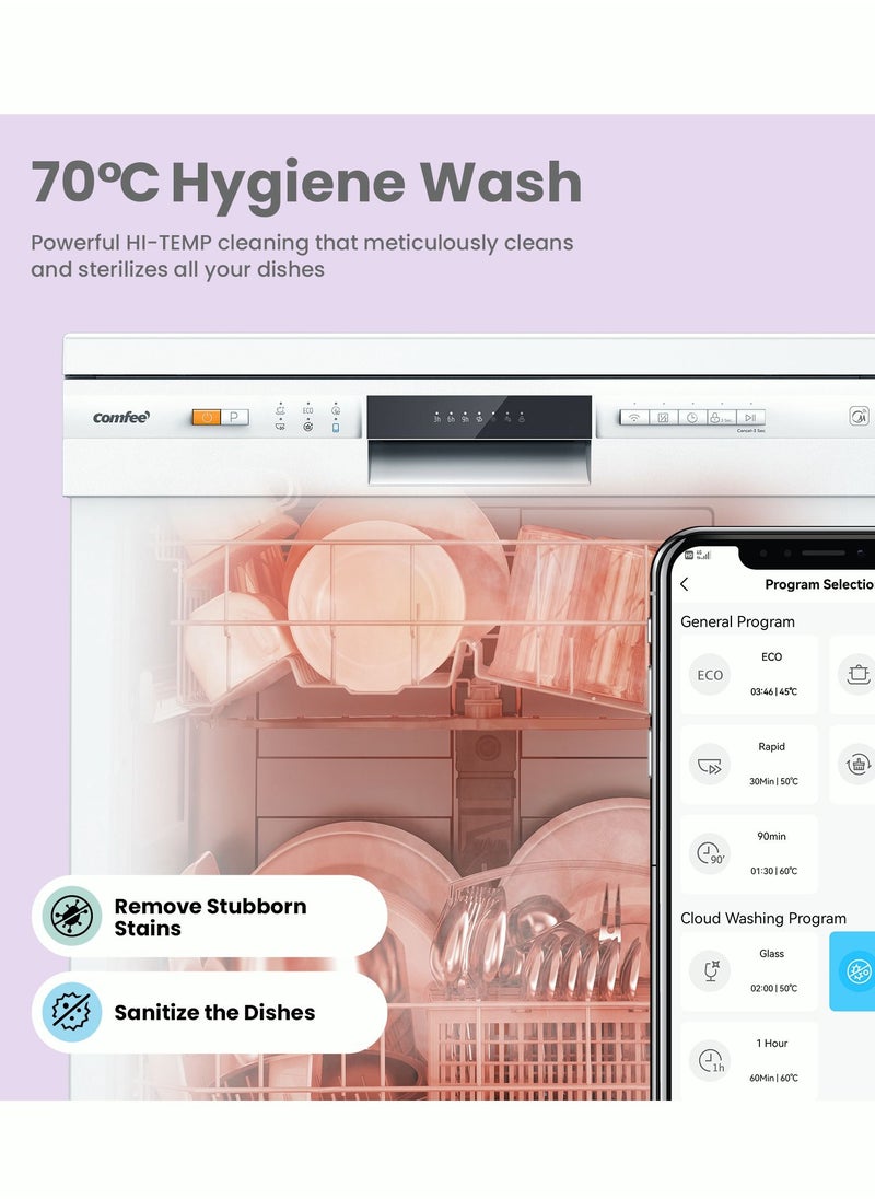 Comfee' - COMFEE' Freestanding Dishwahser 12 Sets 12 Place Settings, Quiet and Quick, Wash and Dry, LED Display, Delay Start and WiFi Function APP Control - Image 1