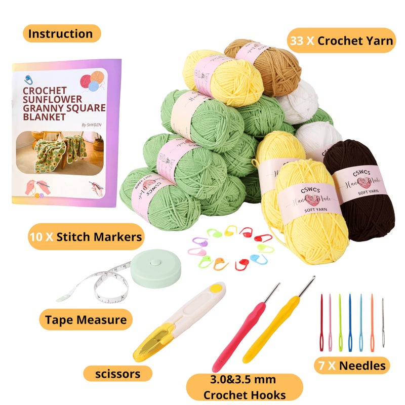 CSWCS Crochet Blanket Kit for Beginners, Sunflower Granny Square Crochet Blanket Kit for Adults, Easy Learn How to Knitting with Yarn Accessories Book & Video Tutorials for Starter (47" x 39") - Image 2