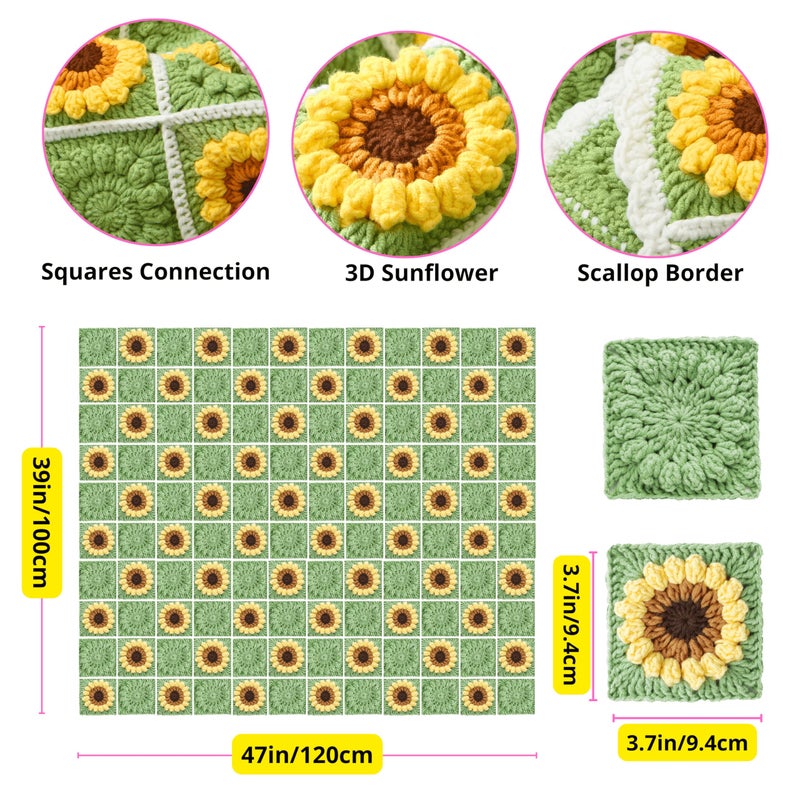 CSWCS Crochet Blanket Kit for Beginners, Sunflower Granny Square Crochet Blanket Kit for Adults, Easy Learn How to Knitting with Yarn Accessories Book & Video Tutorials for Starter (47" x 39") - Image 5