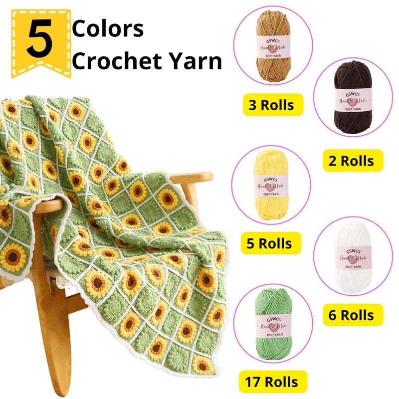 CSWCS Crochet Blanket Kit for Beginners, Sunflower Granny Square Crochet Blanket Kit for Adults, Easy Learn How to Knitting with Yarn Accessories Book & Video Tutorials for Starter (47" x 39") - Image 4