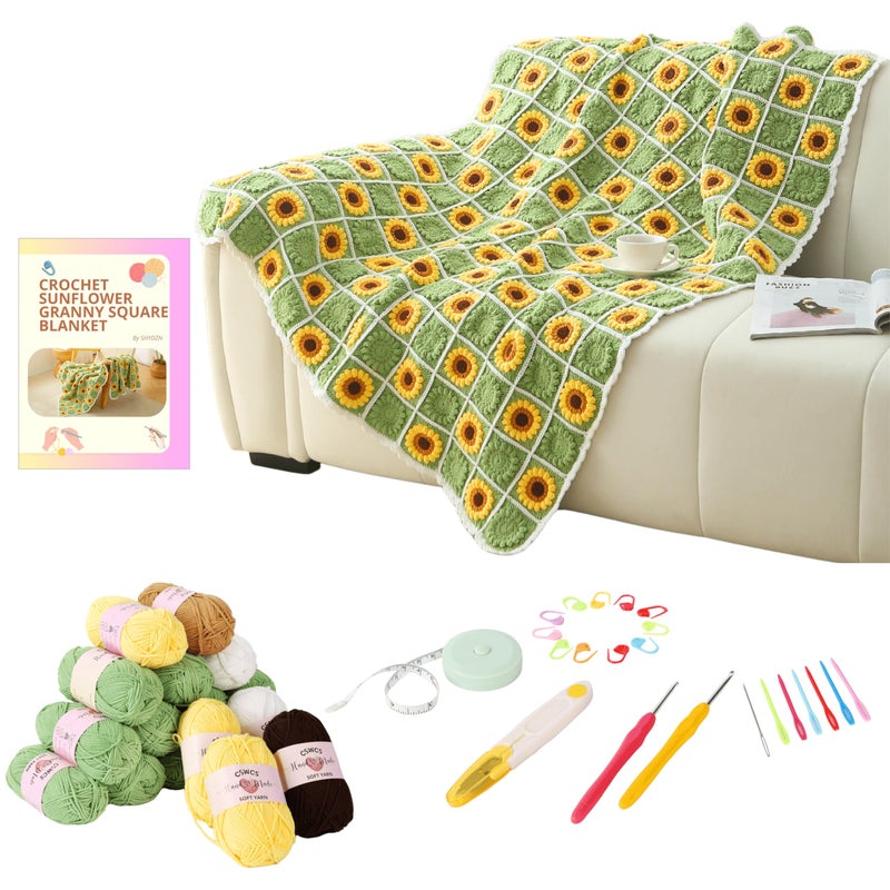 CSWCS Crochet Blanket Kit for Beginners, Sunflower Granny Square Crochet Blanket Kit for Adults, Easy Learn How to Knitting with Yarn Accessories Book & Video Tutorials for Starter (47" x 39") - Image 1