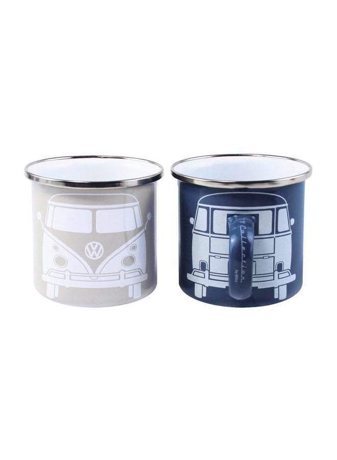 BRISA VW Collection - Volkswagen 2-Piece Enamel Coffee-Tea Mug Cup Set for Camping & Outdoor T1 Bus (Blue/Gray) - Image 1