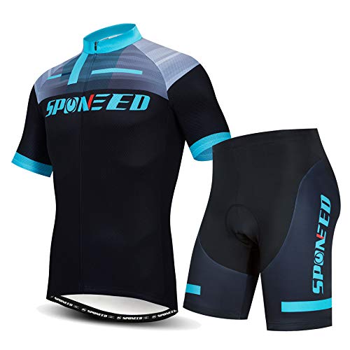sponeed Mens Cycle Jerseys Set Shorts Gel Padded Tights Bicycle Pants Paddding US M Black Blue - Image 1