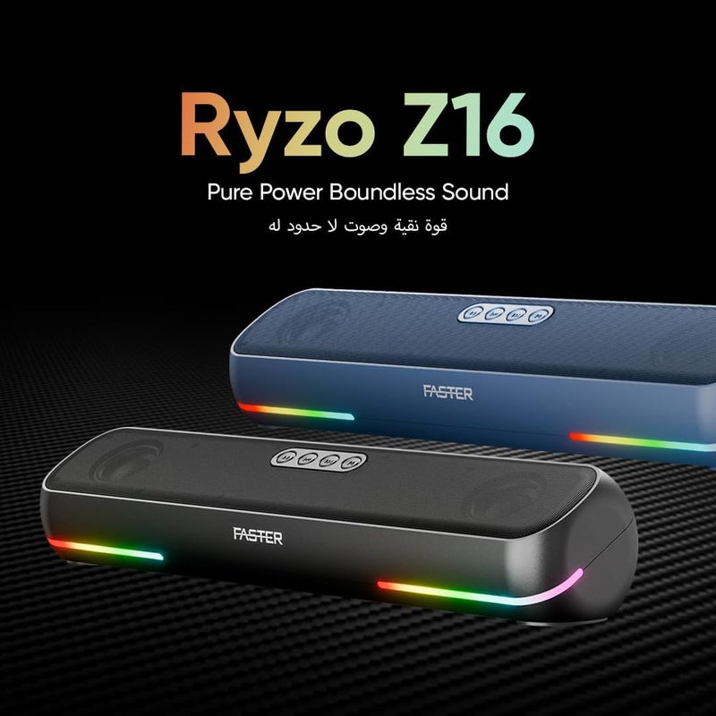 مكبر الصوت Faster Ryzo Z16 - مكبر صوت لاسلكي بقوة 16 واط 415x133x100 مم بلوتوث 5.3 EDR تشغيل 5 ساعات إضاءة RGB TWS - مكبر صوت محمول USB، AUX، بطاقة TF - مكالمات بدون استخدام اليدين صوت محيطي 360 درجة (أزرق داكن) - Image 2