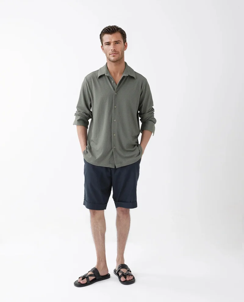 رير رابِت Rare Rabbit Men's Tobbit Olive Cotton Fabric Full Sleeve Collared Neck Button Closure Textured Shirt
