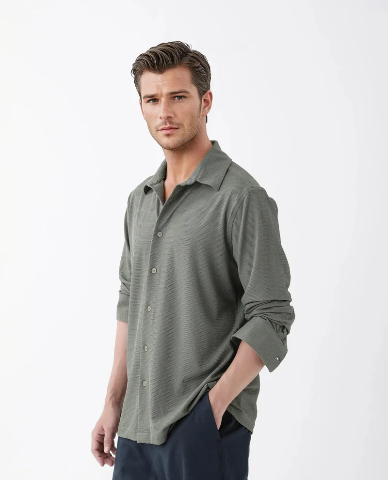 رير رابِت Rare Rabbit Men's Tobbit Olive Cotton Fabric Full Sleeve Collared Neck Button Closure Textured Shirt