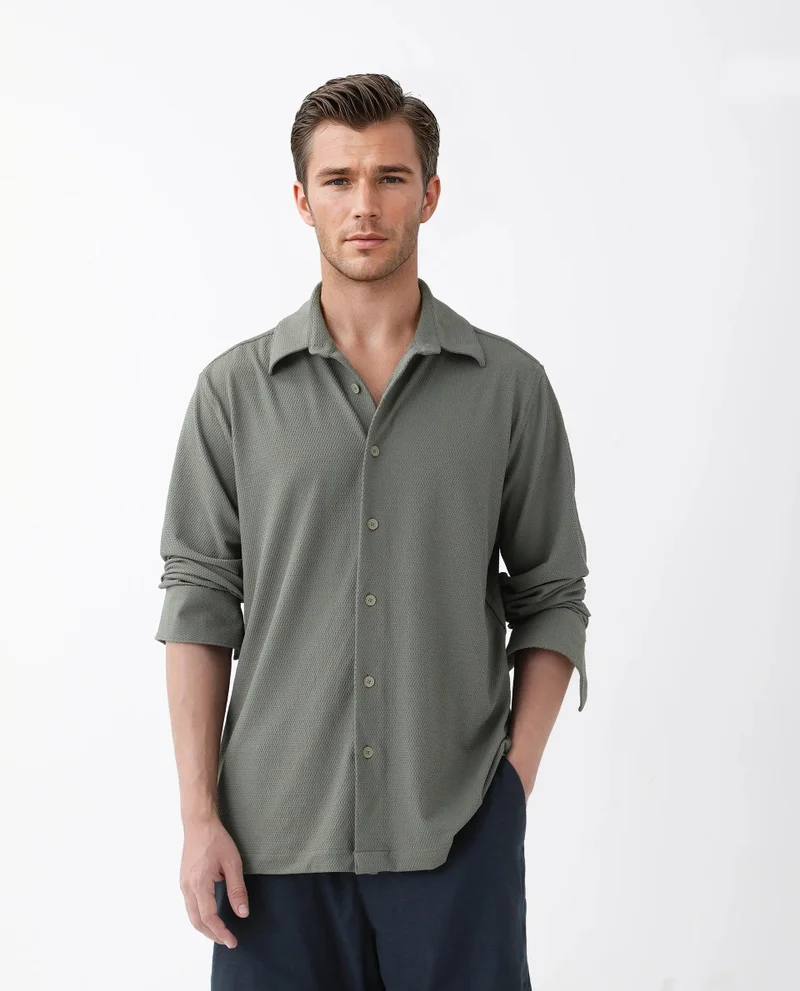 رير رابِت Rare Rabbit Men's Tobbit Olive Cotton Fabric Full Sleeve Collared Neck Button Closure Textured Shirt