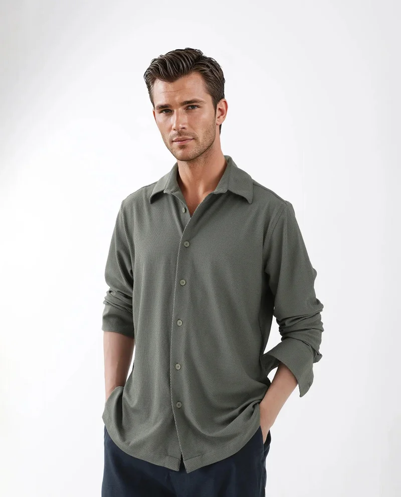رير رابِت Rare Rabbit Men's Tobbit Olive Cotton Fabric Full Sleeve Collared Neck Button Closure Textured Shirt