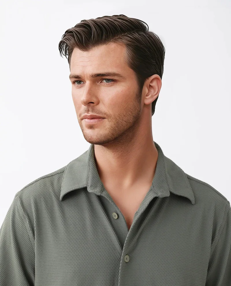 رير رابِت Rare Rabbit Men's Tobbit Olive Cotton Fabric Full Sleeve Collared Neck Button Closure Textured Shirt