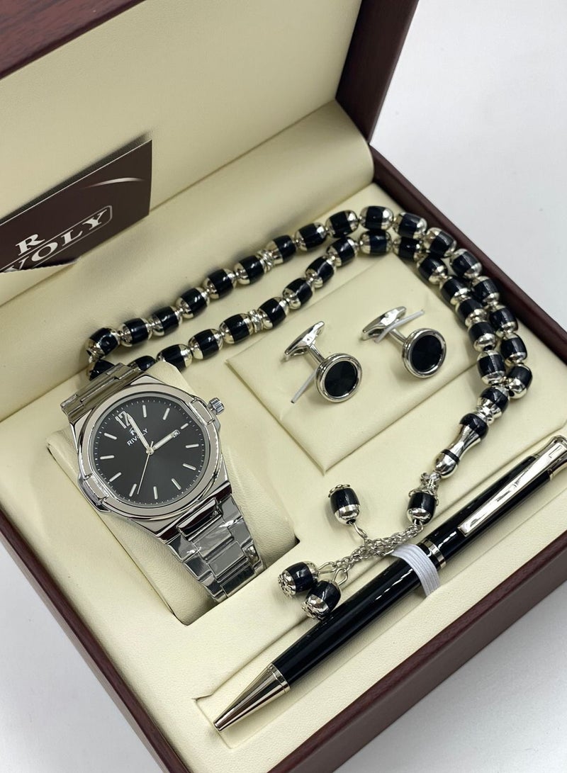 ريفولي طقم ساعة رجالية من 4 قطع ساعة يد مع قلم ومجموعة من الأزرار والمسبحة - Image 1