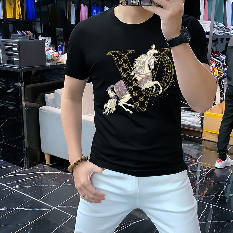Men'S Short-Sleeved Drilling Light Luxury T-Shirt Fashionable Brand Tens Cotton Full Diamond Handsome Half-Sleeved Shirt - Image 3