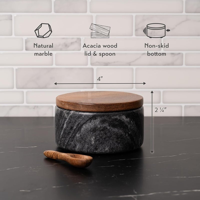 Cork & Mill Grey Marble Salt Cellar with Acacia Wood Lid and Spoon - Elegant Modern Salt Container for Countertop - Handcrafted Pepper Pot - Wide 4” Pepper Holder with Non-Skid Feet - Image 3