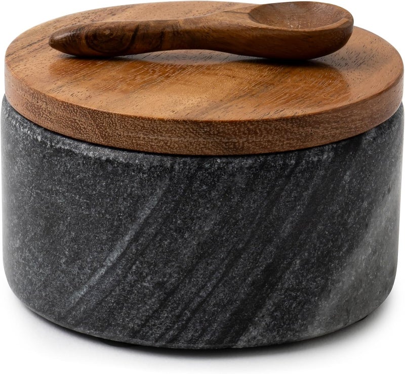 Cork & Mill Grey Marble Salt Cellar with Acacia Wood Lid and Spoon - Elegant Modern Salt Container for Countertop - Handcrafted Pepper Pot - Wide 4” Pepper Holder with Non-Skid Feet - Image 1