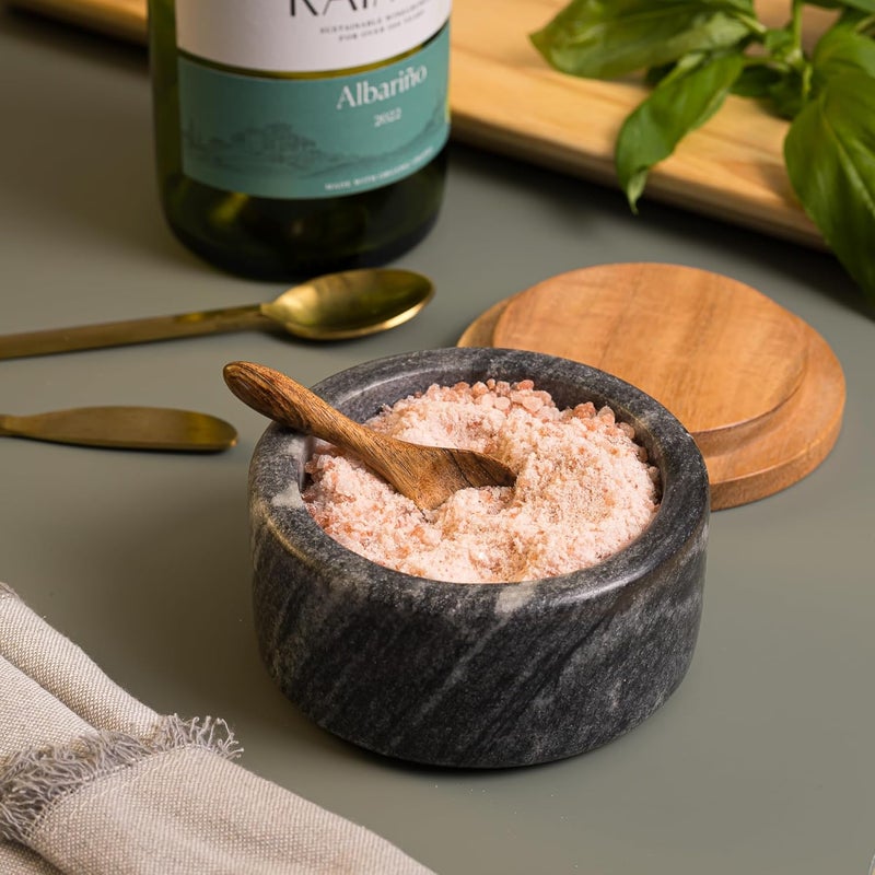Cork & Mill Grey Marble Salt Cellar with Acacia Wood Lid and Spoon - Elegant Modern Salt Container for Countertop - Handcrafted Pepper Pot - Wide 4” Pepper Holder with Non-Skid Feet - Image 4