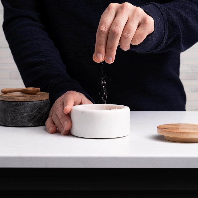 Cork & Mill Grey Marble Salt Cellar with Acacia Wood Lid and Spoon - Elegant Modern Salt Container for Countertop - Handcrafted Pepper Pot - Wide 4” Pepper Holder with Non-Skid Feet - Image 2