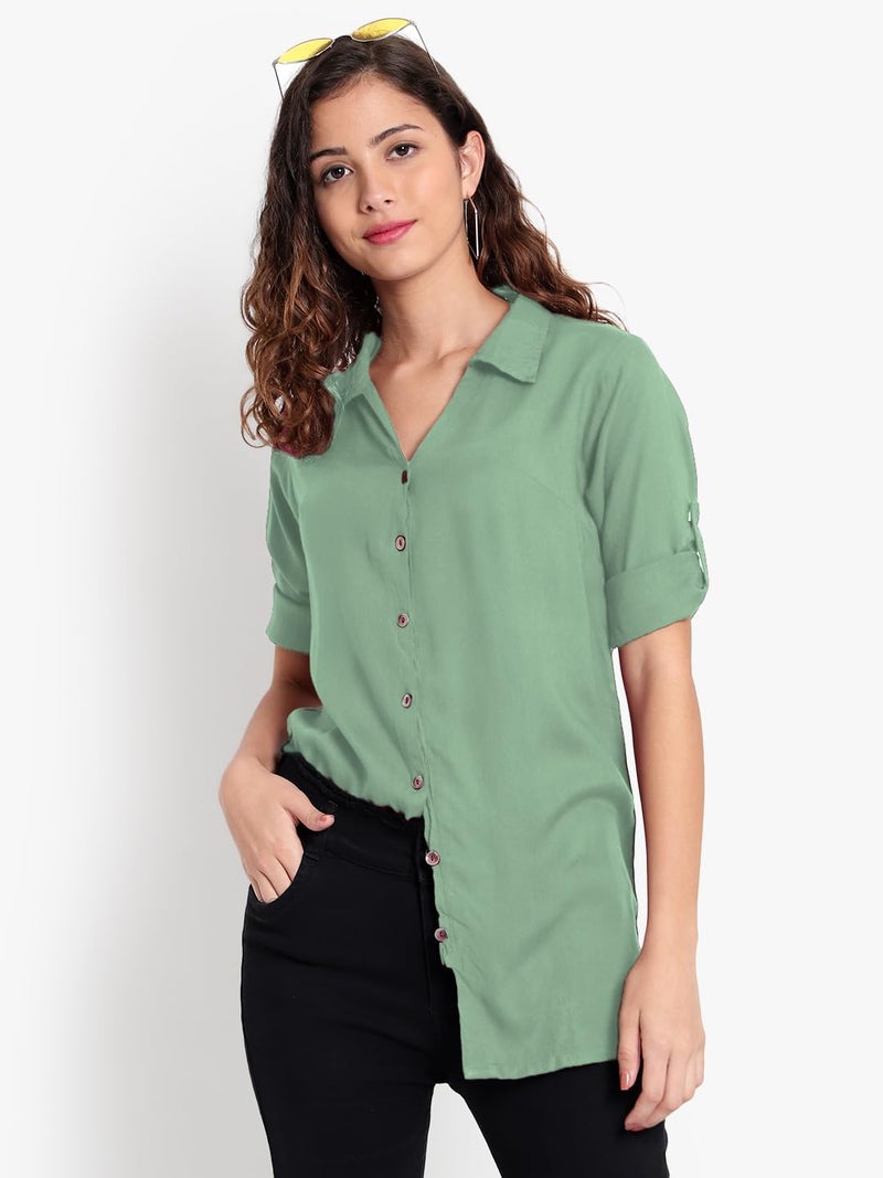 Indietoga Women's Casual Rayon Longline Shirt Tops (10001506_Light Green Solid_X-Large) - Image 2