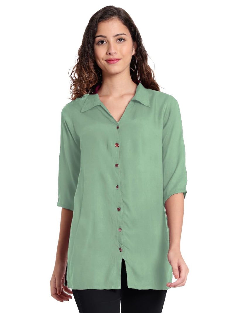 Indietoga Women's Casual Rayon Longline Shirt Tops (10001506_Light Green Solid_X-Large) - Image 1