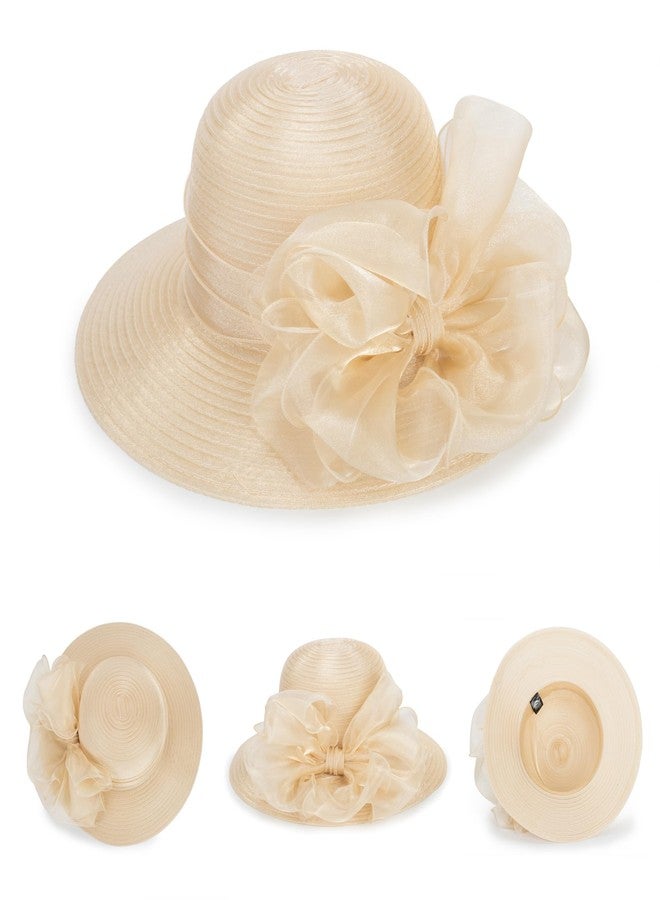IZUS Women Kentucky-Organza Sun-Hat with Bow-Flower Church-Derby-Fascinators Bowler-Hat for Wedding Tea Party Cocktail Events Champagne Gold - Image 2